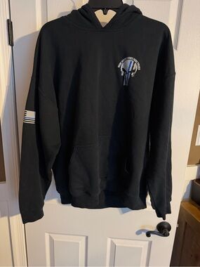 Jerzees Black Crewneck Hoodie with Thin Blue Line Accents